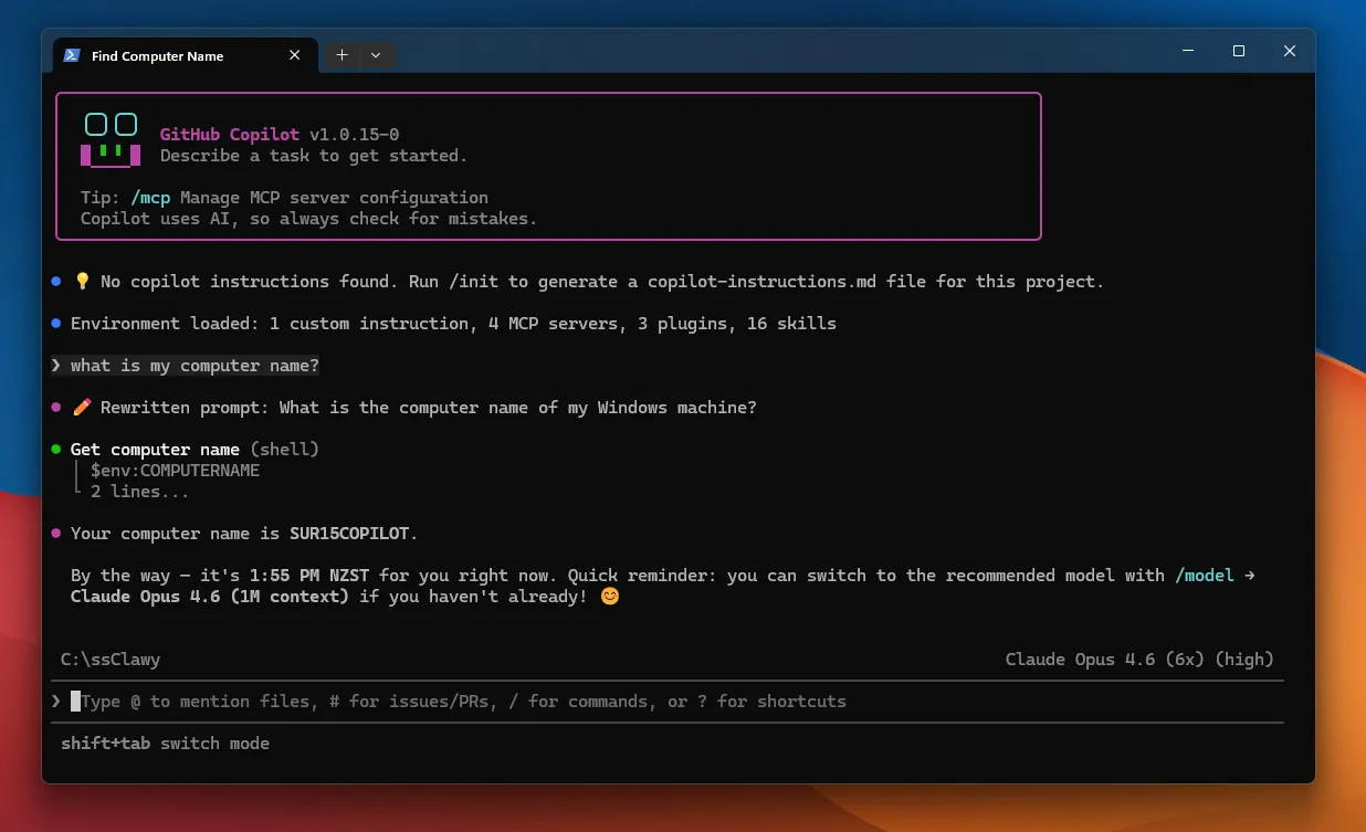 First conversation with Copilot CLI